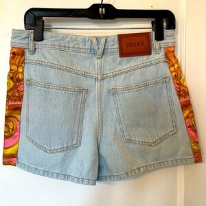Versace Light Blue Jean Shorts with Pink and Gold Medusa Accents